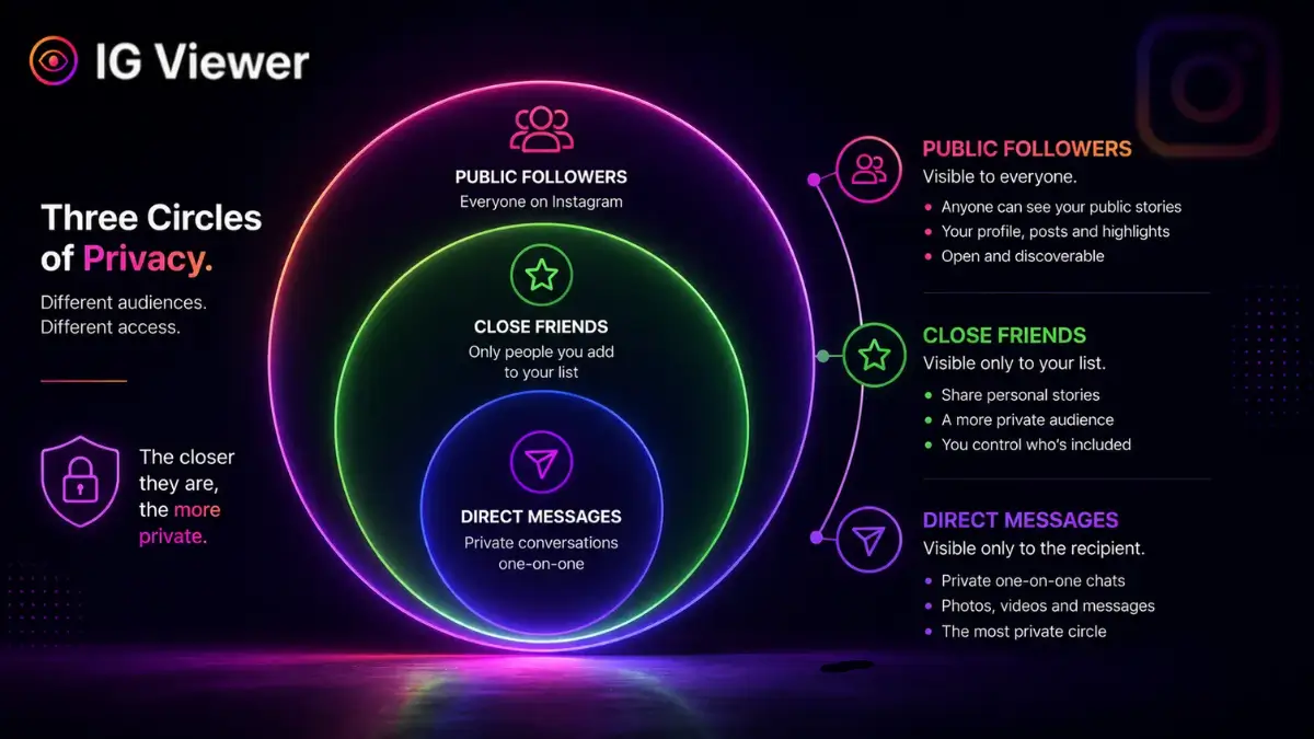 Three concentric circles representing public followers, Close Friends, and direct messages as progressively smaller trust tiers