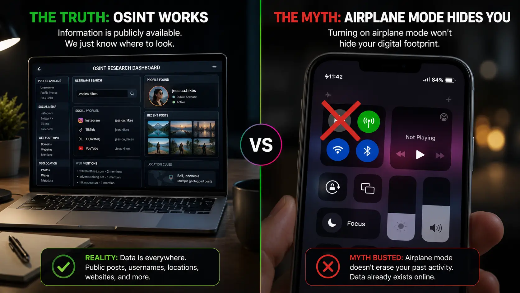 A laptop running OSINT research next to a mobile phone with a red X over an Airplane Mode icon