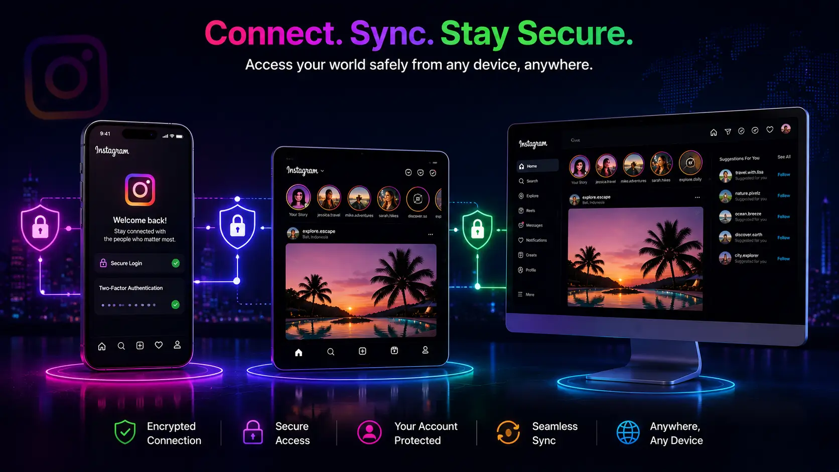 A smartphone, a tablet, and a desktop monitor connected by glowing secure network lines