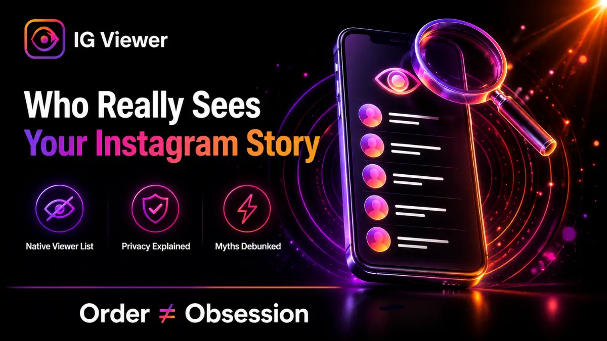 Smartphone showing Instagram story viewer list with magnifying glass icon illustrating viewer order myth on neon gradient background