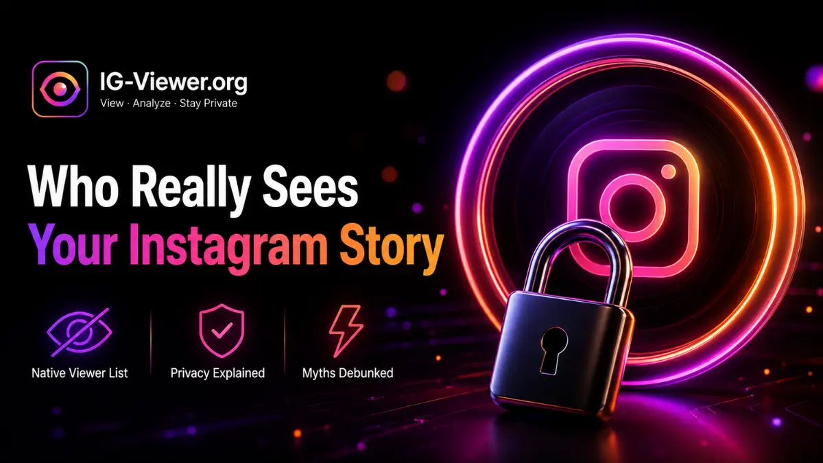 Instagram story viewer privacy guide with lock and magnifying glass icon on purple pink orange neon gradient background
