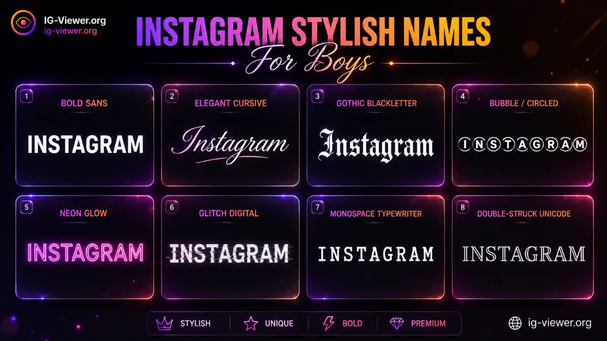 Examples of stylish Instagram font styles applied to names and bios, generated with IG Viewer’s font generator