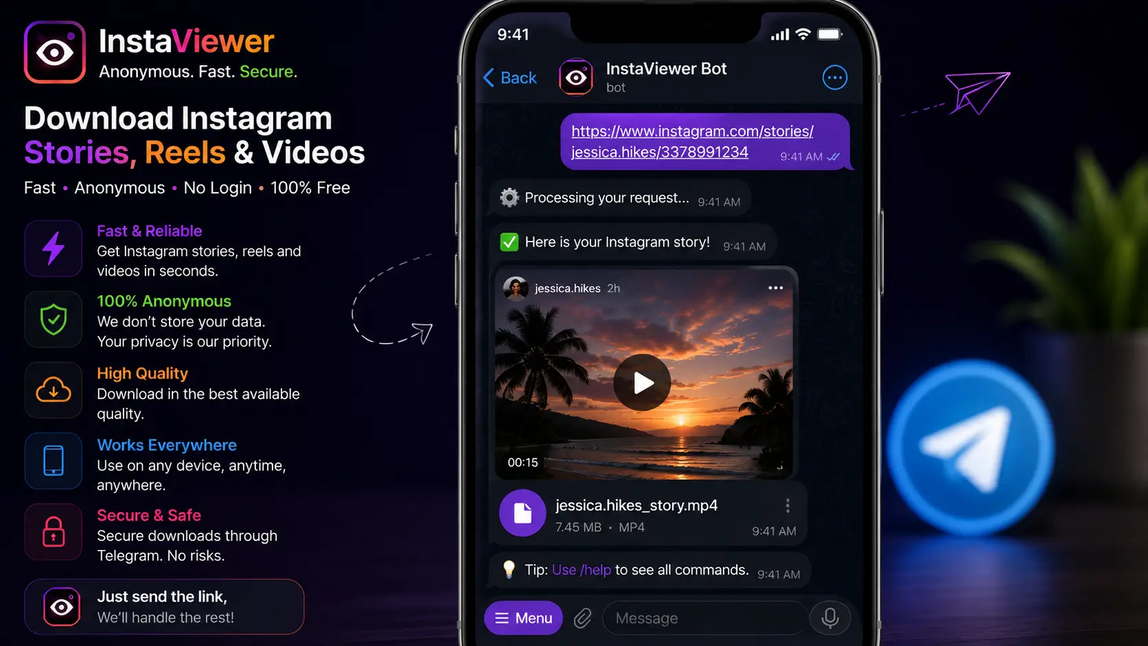 A smartphone showing a Telegram chat where a bot has just returned an Instagram story video file
