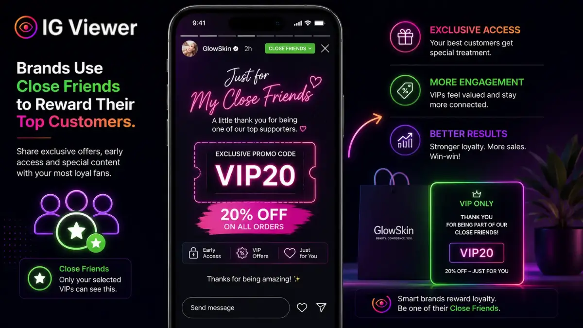A brand using the Close Friends feature to share an exclusive early-access promo code with its top customers