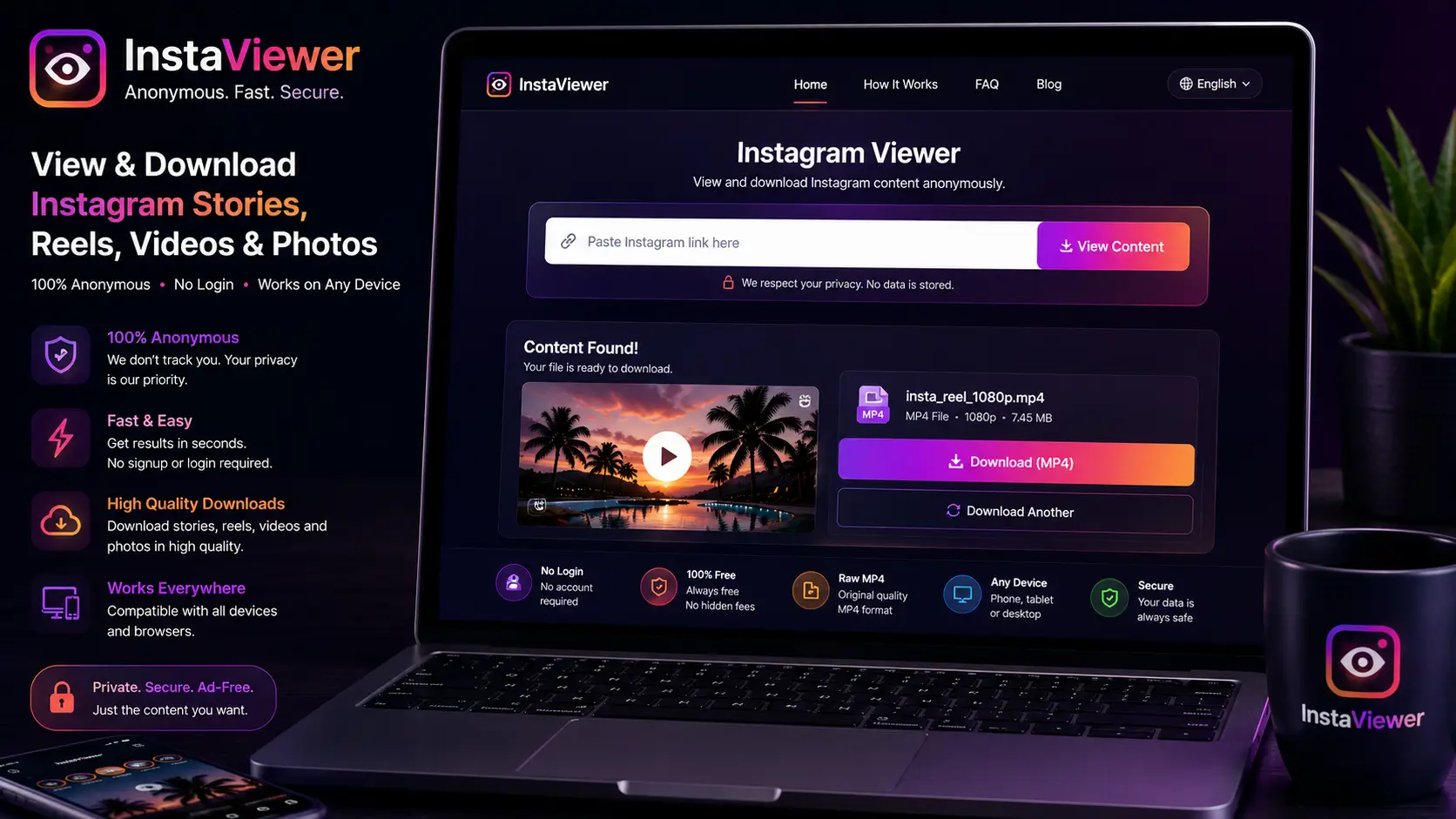 A laptop screen showing a web-based Instagram story downloader interface with the original file ready to download