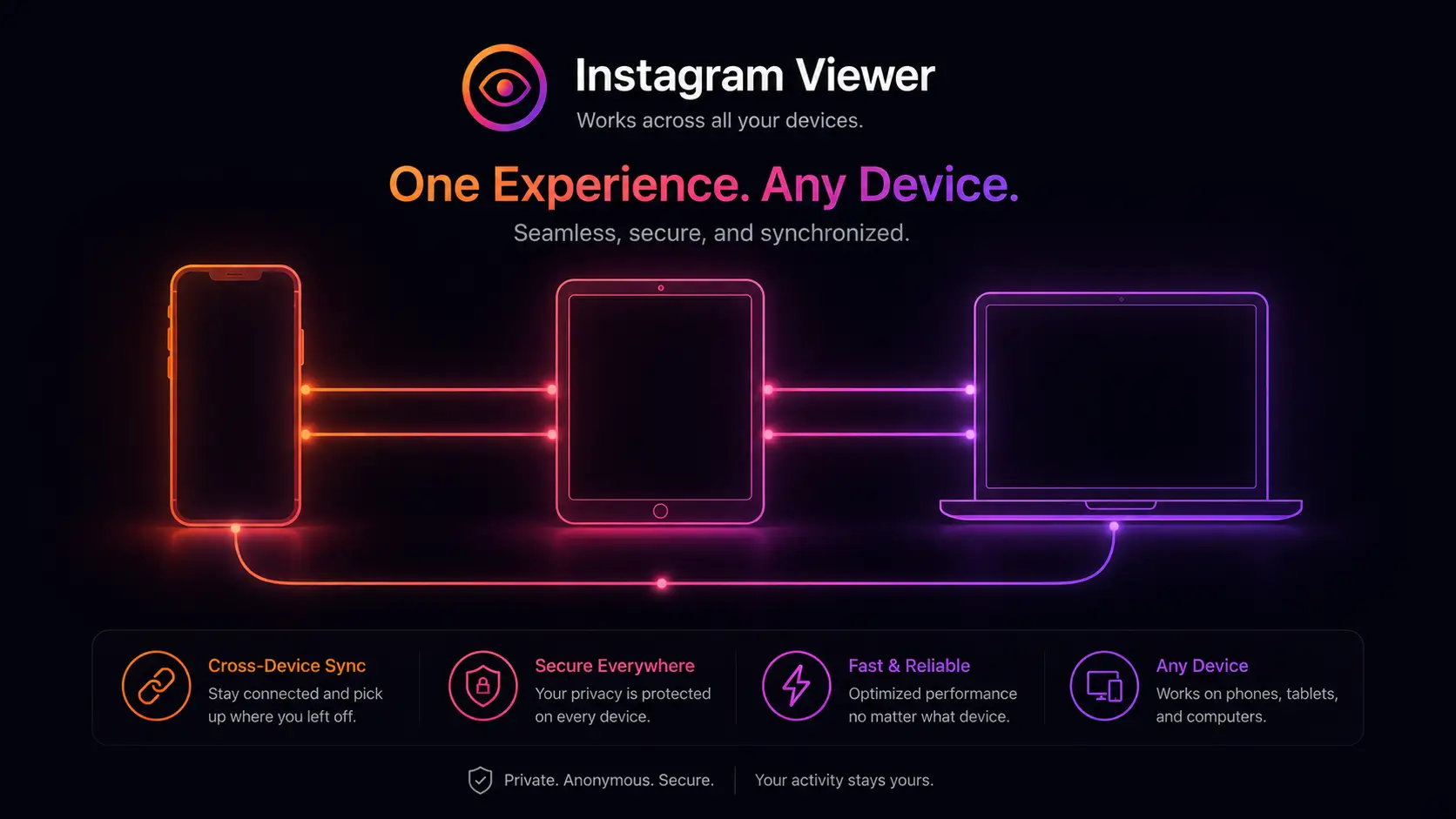 Instagram Stories anonym ansehen über verschiedene Geräte hinweg — Handy, Tablet und Desktop, alle verbunden mit demselben privaten Story Viewer ohne Login