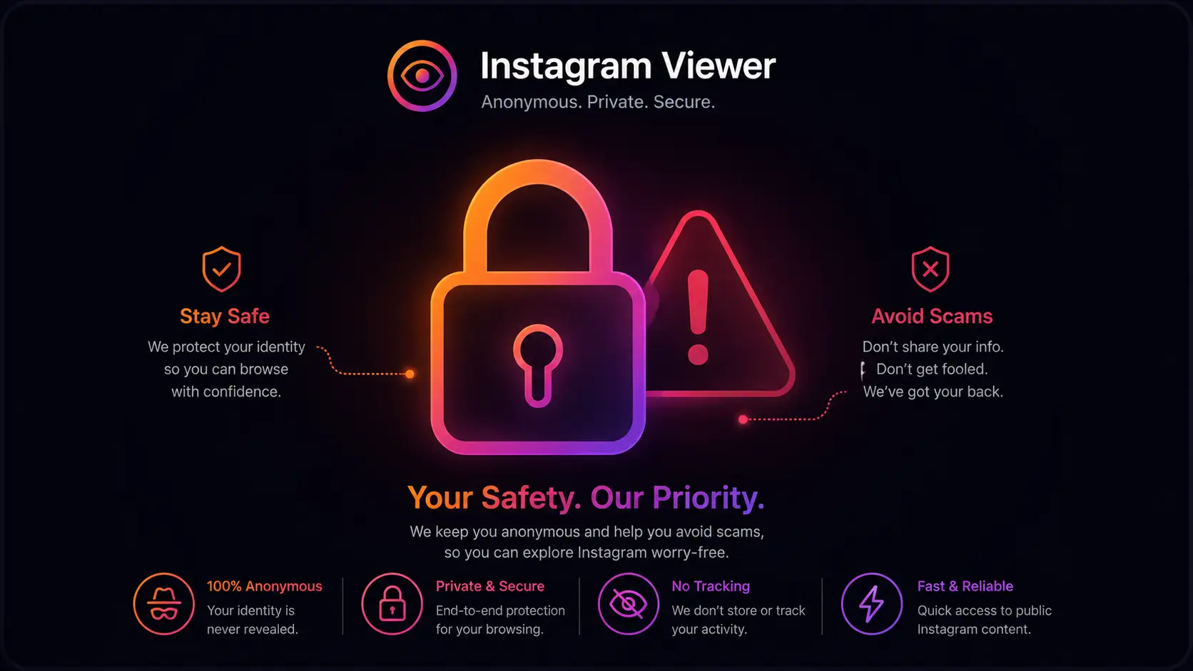 Ein Vorhängeschloss und ein Warnsymbol, die zeigen, wie man sichere von betrügerischen anonymen Instagram Story Viewern unterscheidet und Phishing oder gefälschte Private-Konto-Tools vermeidet